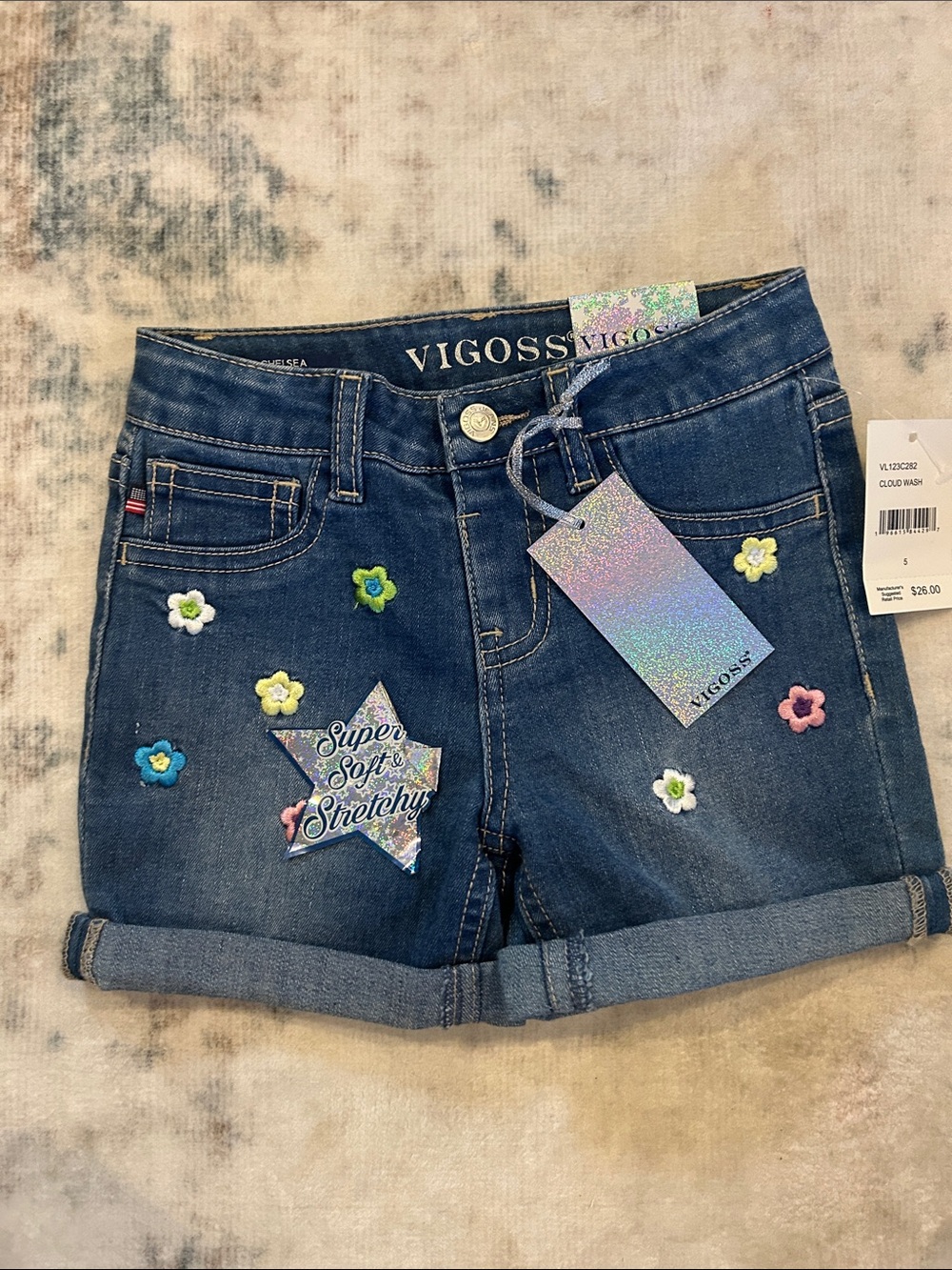 Vigoss Dark Blue Embroidered Flower Denim Shorts